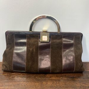 Sakowitz Women's Striped Leather Suede Gold Metal Arch Handle Handbag Brown